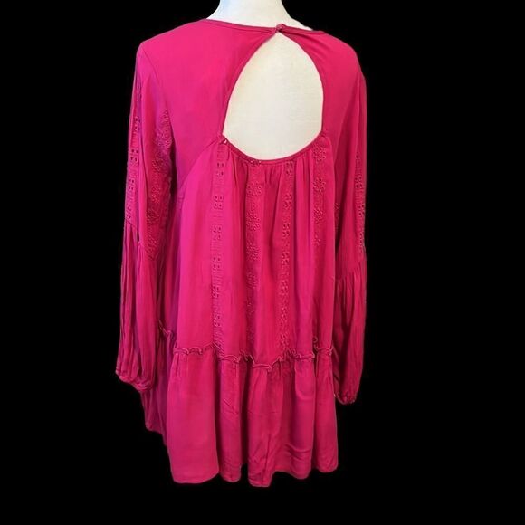 NWT Adiva bright pink LS mini dress or tunic keyhole flowy flouncy ruffles lace - Picture 4 of 16